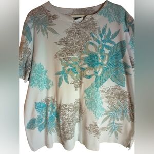 Nikki Floral Print Women's Top - White and Teal Cotton Blend Size XL Work Trip